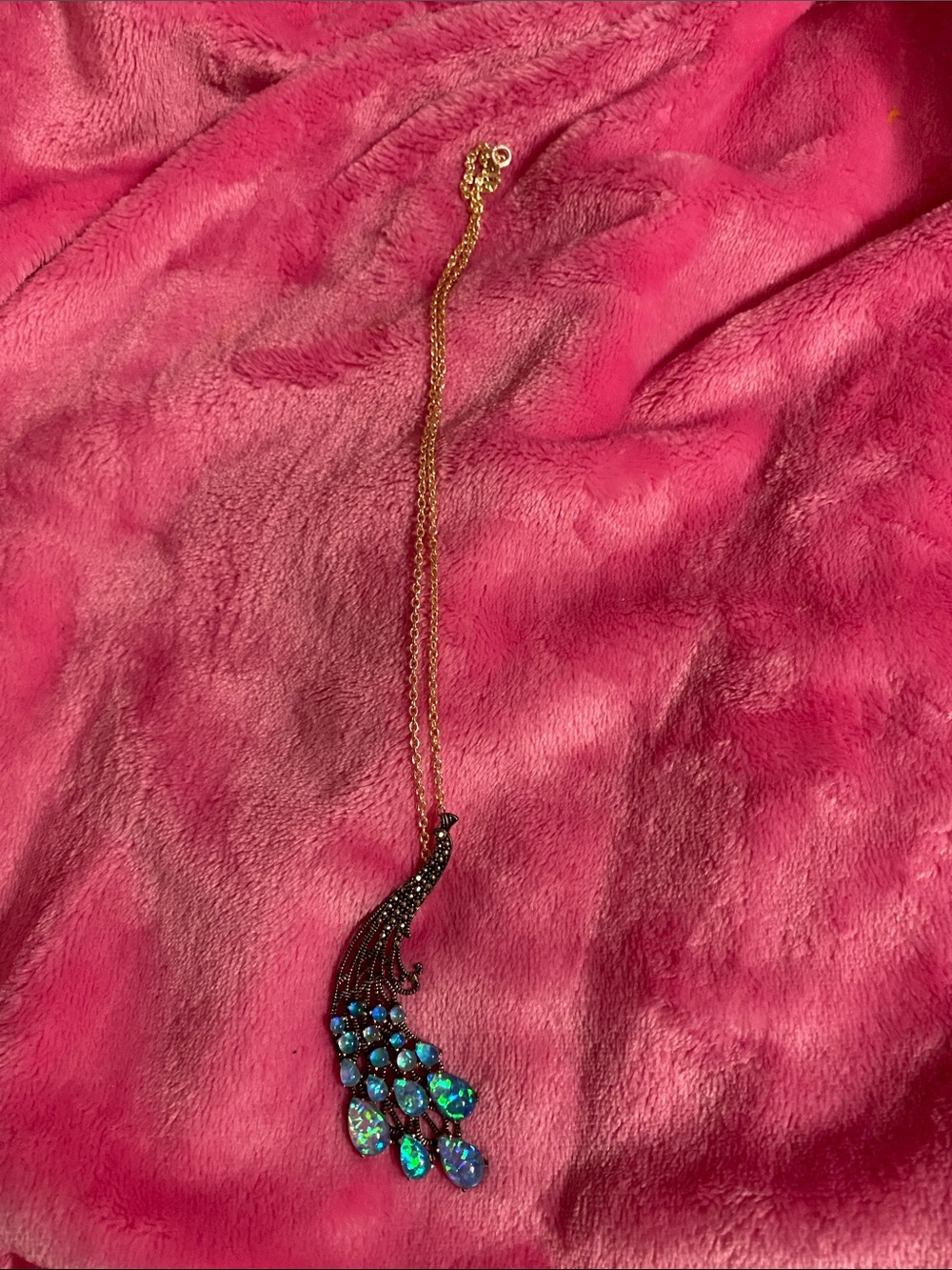 Gold-Tone Peacock Pendant Necklace with Blue-Green Opalescent Stones